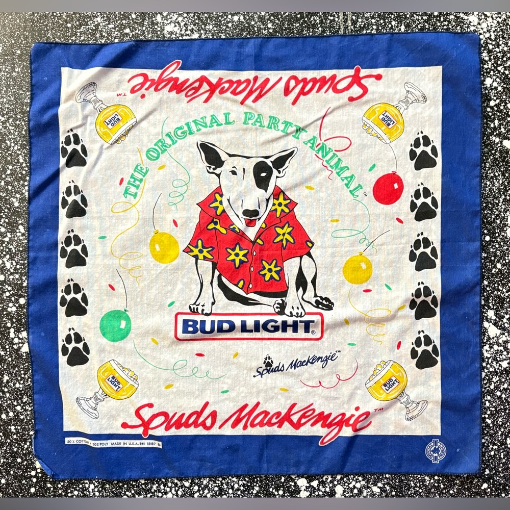 1988 Vintage Bud Light Bandana Spuds MacKenzie The Original Party animal 21"x21"
